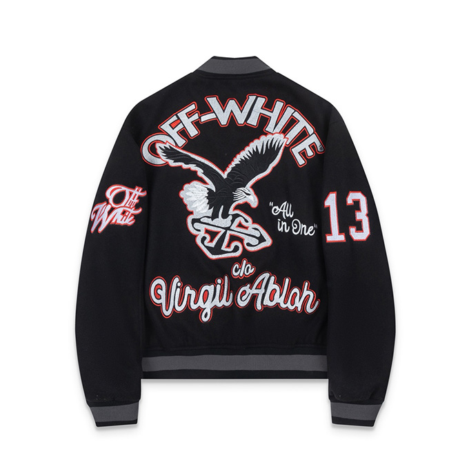 off white heavy embroidery varsity jacket